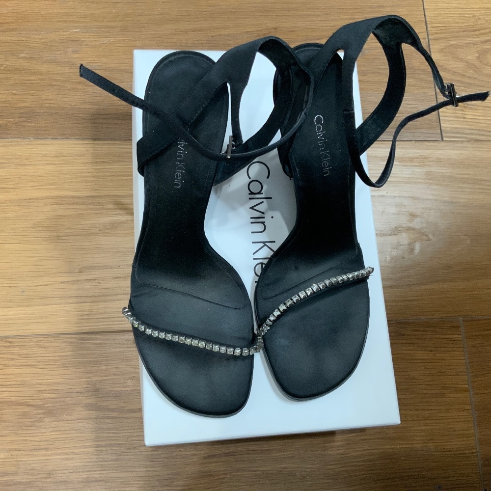 Calvin Klein Black Minni Satin Wedge Heels with diamonte strap